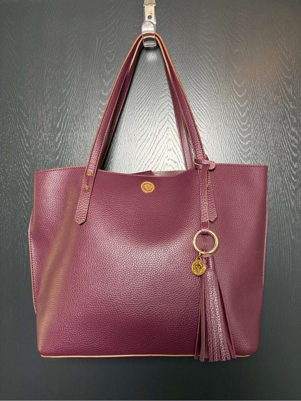 Anne Klein Burgundy Pebbled Tote with Tassel Charm Laptop Shoulder Bag